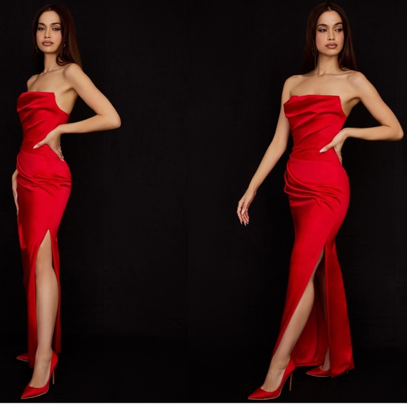 HOUSE OF CB size S D-DD  Adrienne' Scarlet Satin Strapless red Gown NWOT - Picture 7 of 11